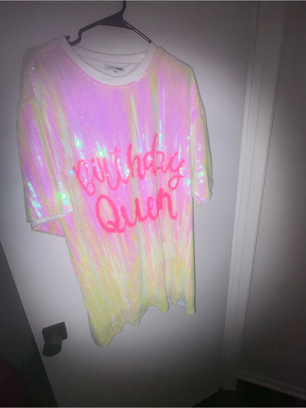 Fashion Nova Sequin 'Birthday Queen' Tee - Pink, Yellow Iridescent